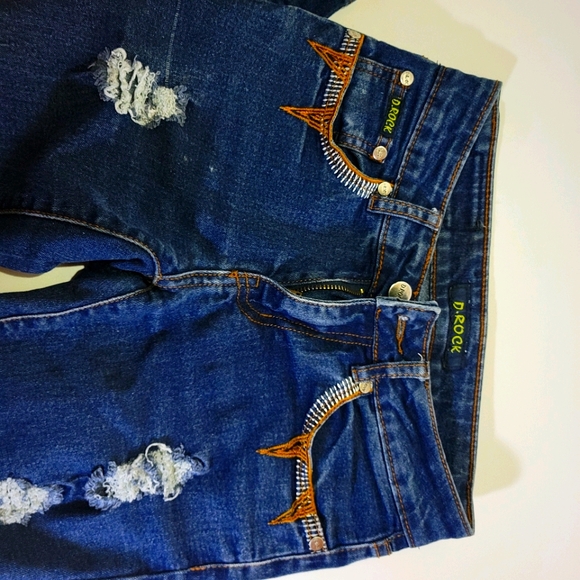 D Rock Jeans Distressed Dark Wash Embroidery - Picture 1 of 5